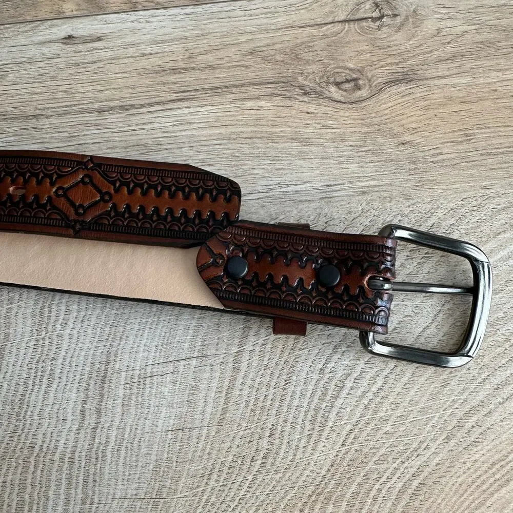 Vintage USA Made Genuine Leather Brown Tooled Belt 44